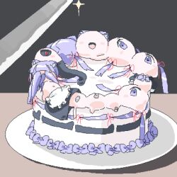 Rule 34 | apron, bad id, bad twitter id, cake, commentary request, food, glint, hair ribbon, knife, lokulo-chan (lokulo no mawashimono), lokulo no mawashimono, lowres, open mouth, original, plate, purple eyes, purple hair, red ribbon, ribbon, surreal, white apron