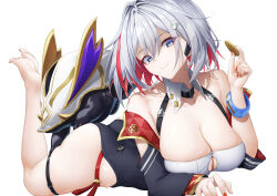 Rule 34 | 1girl, ass, barefoot, black unitard, breasts, cleavage, closed mouth, coin, highres, holding, holding coin, honkai: star rail, honkai (series), large breasts, legs up, looking at viewer, lying, multicolored hair, numby (honkai: star rail), on stomach, purple eyes, red hair, short hair, simple background, smile, solo, streaked hair, topaz (honkai: star rail), trotter (honkai: star rail), white background, white hair, xfate