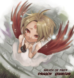 Rule 34 | 1girl, blonde hair, bracelet, breath of fire, breath of fire v, capcom, commentary, dress, facial mark, full-body tattoo, jewelry, nina (breath of fire v), red wings, short hair, solo, tattoo, white dress, wings