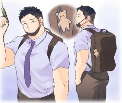 Rule 34 | 1boy, ass, backpack, bag, bag charm, bara, bear charm, black hair, bored, bus interior, charm (object), close-up, collared shirt, facial hair, fat, fat man, feet out of frame, goatee, goatee stubble, highres, male focus, mask, mask pull, mature male, mouth mask, multiple views, necktie, original, osu (osumankokuou), pectorals, plump salaryman (osu), purple necktie, salaryman, shirt, short hair, sideburns stubble, standing, stubble, stuffed animal, stuffed toy, teddy bear, thick eyebrows, thick thighs, thighs