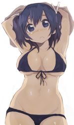 Rule 34 | 10s, 1girl, armpits, arms up, bikini, black bikini, blue eyes, blush, breasts, cleavage, female focus, front-tie bikini top, front-tie top, frown, izuoku, kantai collection, large breasts, looking at viewer, navel, nose blush, simple background, solo, souryuu (kancolle), swimsuit, twintails, white background