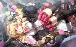 Rule 34 | 1girl, ball, black jacket, black thighhighs, blonde hair, blurry, blurry foreground, blush, bokeh, bow, bowtie, braid, bread, breasts, cat, depth of field, food, frilled shirt, frills, glasses, hair ornament, hands up, highres, holding, holding food, indie virtual youtuber, indoors, jacket, kuria (clear trip second), light particles, long hair, long sleeves, looking at viewer, lying, medium breasts, melon bread, microphone, moroboshi meroko, moroboshi meroko (character), off shoulder, on back, onigiri, open clothes, open jacket, paper, petals, pink bow, pink bowtie, poke ball, red-framed eyewear, red eyes, red skirt, semi-rimless eyewear, shirt, sidelocks, skirt, slippers, soccer ball, solo, tablet pc, thighhighs, toothbrush, twin braids, umbrella, under-rim eyewear, unworn hair ornament, very long hair, virtual youtuber, white shirt