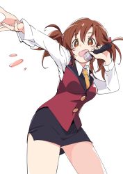 Rule 34 | 1girl, :d, black skirt, blush, brown eyes, brown hair, idolmaster, idolmaster cinderella girls, ixy, long sleeves, microphone, open mouth, outstretched arm, royale style (idolmaster), short hair, simple background, skirt, smile, solo, standing, thighs, totoki airi, twintails, white background