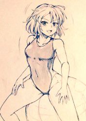 Rule 34 | 1girl, alternate costume, ball, bare legs, beachball, breasts, commentary request, competition swimsuit, covered navel, d-m (dii emu), eyelashes, greyscale, kazami yuuka, looking at viewer, monochrome, one-piece swimsuit, open mouth, sitting, swimsuit, touhou