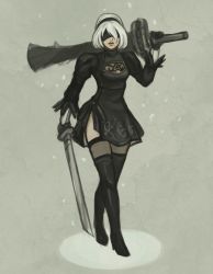 Rule 34 | 1girl, android, black dress, black gloves, blindfold, cleavage cutout, clothing cutout, dress, edgemis, full body, gloves, hairband, holding, holding sword, holding weapon, nier (series), nier:automata, puffy sleeves, short hair, solo, sword, thighhighs, tuula rantala, weapon, white hair, 2b (nier:automata)