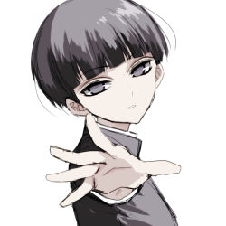 Rule 34 | 10s, 1boy, absurdres, bad id, bad pixiv id, black hair, black shirt, blunt bangs, commentary, highres, kageyama shigeo, looking at viewer, male focus, misteor, mob psycho 100, open mouth, original, outstretched hand, purple eyes, shirt, short hair, solo, white background