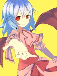 Rule 34 | 1girl, absurdres, ascot, bad id, bad pixiv id, bat wings, blue hair, breasts, female focus, foreshortening, highres, layered sleeves, long sleeves, looking at viewer, pink ascot, reaching, reaching towards viewer, red eyes, remilia scarlet, ribbon, short hair, short over long sleeves, short sleeves, simple background, smile, solo, touhou, tsumayouji (tumayog), wings, yellow background