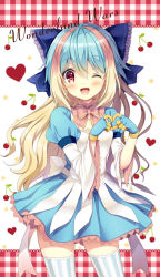 Rule 34 | 1girl, ;d, blonde hair, blue bow, blue gloves, blue hair, blue skirt, blush, bow, cherry, commentary request, copyright name, food, fruit, gloves, hair between eyes, hair bow, head tilt, heart, heart hands, kuroe (sugarberry), layered sleeves, little alice (wonderland wars), long sleeves, looking at viewer, multicolored hair, one eye closed, open mouth, pink bow, puffy short sleeves, puffy sleeves, red eyes, shirt, short over long sleeves, short sleeves, skirt, smile, solo, striped clothes, striped thighhighs, sunshine creation, thighhighs, two-tone hair, vertical-striped clothes, vertical-striped thighhighs, white shirt, wide sleeves, wonderland wars