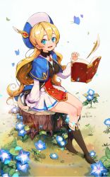 Rule 34 | 1girl, black socks, blonde hair, blue eyes, blue flower, blush, book, bosack, breasts, bug, butterfly, flower, insect, kneehighs, large breasts, long hair, long sleeves, looking at viewer, open book, open mouth, original, quill, sitting, smile, socks, solo, tree stump