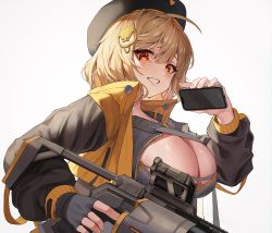 Rule 34 | 1girl, absurdres, anis (nikke), beret, black hat, blush, breasts, cellphone, cleavage, commentary, gloves, goddess of victory: nikke, grenade launcher, grin, gun, hair between eyes, hair ornament, hat, highres, holding, holding gun, holding phone, holding weapon, jacket, josal, large breasts, light brown hair, long sleeves, looking at viewer, open clothes, open jacket, orange eyes, phone, revolver grenade launcher, short hair, simple background, single glove, smartphone, smile, solo, weapon