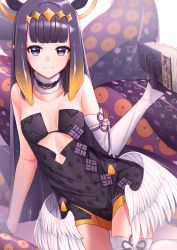 Rule 34 | 1girl, ao-chan (ninomae ina&#039;nis), black dress, black gloves, blue eyes, blunt bangs, blush, breasts, detached sleeves, dress, gloves, halo, highres, hololive, hololive english, long hair, looking at viewer, mole, mole under eye, ninomae ina&#039;nis, ninomae ina&#039;nis (1st costume), pointy ears, purple hair, small breasts, smile, solo, sora (men0105), tentacle hair, tentacles, thighhighs, virtual youtuber