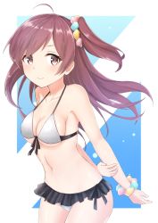 Rule 34 | 10s, 1girl, ahoge, alternate costume, azuhira, bare arms, bare shoulders, bikini, breasts, cleavage, collarbone, commentary request, cowboy shot, front-tie bikini top, front-tie top, hagikaze (kancolle), hair ornament, hair ribbon, highres, kantai collection, long hair, looking at viewer, medium breasts, navel, one side up, purple eyes, purple hair, ribbon, side ponytail, sideboob, solo, swimsuit, white bikini