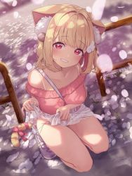 Rule 34 | 1girl, ahoge, animal ear fluff, animal ears, between breasts, blonde hair, blush, bralines, breasts, cat ears, cat girl, cat tail, clothes lift, commentary request, day, grin, highres, kemomimi refle!, kneeling, kuyukian3, lifting own clothes, looking at viewer, medium breasts, nekoma karin, off shoulder, outdoors, panties, petals, pink eyes, second-party source, short hair, side-tie panties, skirt, skirt lift, smile, solo, strap between breasts, tail, thighs, underwear, untied panties, virtual youtuber, white skirt, wing hair ornament