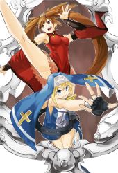 Rule 34 | 1boy, 1girl, :d, arc system works, bad id, bad pixiv id, bare legs, black gloves, blonde hair, breasts, bridget (guilty gear), brown hair, dress, gloves, guilty gear, guilty gear xx, kicking, kuradoberi jam, kureta (nikogori), long hair, nun, open mouth, red dress, simple background, smile, spread fingers, trap, twintails, veil, very long hair, white background