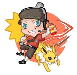 Rule 34 | backpack, bag, bandaged hand, bandages, baseball bat, blonde hair, blue eyes, can, creatures (company), crossover, dog tags, drink can, game freak, gen 1 pokemon, grin, hand wraps, headset, jolteon, male focus, nintendo, norue, pokemon, pokemon (creature), scout (tf2), smile, soda can, team fortress 2