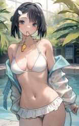 Rule 34 | 1girl, absurdres, ahoge, arknights, bare shoulders, bikini, black hair, breasts, commentary, cowboy shot, grey eyes, head tilt, highres, jacket, la pluma (arknights), la pluma (summer flowers) (arknights), long sleeves, looking at viewer, medium breasts, mouth hold, navel, off shoulder, official alternate costume, open clothes, open jacket, pool, short hair, solo, standing, stomach, swimsuit, thighs, water, welt (kinsei koutenkyoku), whistle, whistle around neck, white bikini, white jacket
