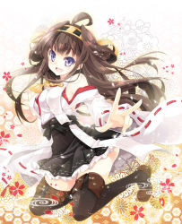 Rule 34 | 10s, 1girl, ahoge, bare shoulders, blush, brown hair, detached sleeves, double bun, floral background, flower, frilled skirt, frills, hair ornament, hairband, headgear, highres, japanese clothes, kantai collection, kneeling, kongou (kancolle), long hair, miko, mocha (naturefour), nontraditional miko, open mouth, personification, ribbon trim, sitting, skirt, smile, solo, thighhighs
