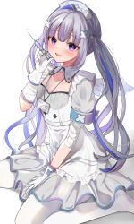 Rule 34 | 1girl, :d, amane kanata, amane kanata (nurse), angel, angel wings, apron, bandaged arm, bandages, between legs, blue hair, blush, detached collar, gloves, grey hair, hair ornament, hairclip, hand between legs, hat, highres, holding, holding syringe, hololive, long hair, looking at viewer, nurse, nurse cap, official alternate costume, open mouth, pantyhose, pink hair, pokeeeo o, puffy short sleeves, puffy sleeves, purple eyes, short sleeves, single hair intake, sitting, smile, solo, syringe, twintails, virtual youtuber, wariza, white apron, white gloves, white pantyhose, wing collar, wings