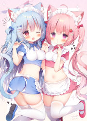 Rule 34 | 2girls, :o, ;d, ahoge, animal ear fluff, animal ears, apron, ass, asymmetrical docking, blue bow, blue footwear, blue shirt, blue skirt, blunt bangs, blush, bow, breast press, breasts, cat ears, cat tail, commentary request, cowboy shot, crop top, fish hair ornament, food-themed hair ornament, hair between eyes, hair bow, hair ornament, hairclip, heart, highres, holding hands, jumping, kobone (momozu komamochi), long hair, looking at viewer, maid, maid apron, maid headdress, mary janes, medium breasts, midriff, miniskirt, miruku (momozu komamochi), momozu komamochi, multiple girls, navel, one eye closed, open mouth, original, pink background, pink bow, pink eyes, pink footwear, pink hair, pink shirt, pink skirt, pink tail, pointing, pointing at self, puffy short sleeves, puffy sleeves, purple eyes, red eyes, ribbon, shirt, shoes, short sleeves, sidelocks, skindentation, skirt, smile, strawberry hair ornament, tail, thighhighs, twintails, twisted torso, two side up, white legwear, zettai ryouiki