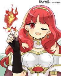 Rule 34 | armor, breastplate, breasts, celica (fire emblem), circlet, earrings, fingerless gloves, fire, fire emblem, fire emblem echoes: shadows of valentia, fire emblem heroes, gloves, headband, jewelry, long hair, nintendo, one eye closed, princess, red armor, red eyes, red hair, snapping fingers, solo, tiara, white armor, yukia (firstaid0)