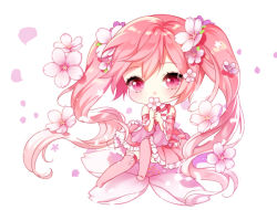 Rule 34 | 1girl, alternate color, chibi, detached sleeves, flower, frilled skirt, frills, hair flower, hair ornament, hatsune miku, holding, holding flower, looking at viewer, myoya, petals, pink eyes, pink hair, pink thighhighs, sakura miku, simple background, sitting, skirt, solo, tattoo, thighhighs, twintails, vocaloid, white background