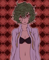 Rule 34 | 1girl, argyle, argyle background, argyle clothes, aura, black bra, bra, breasts, cleavage, collarbone, collared shirt, colored eyelashes, green hair, hair between eyes, head tilt, kazami yuuka, long sleeves, looking at viewer, loose necktie, messy hair, miata (miata8674), neck, necktie, open clothes, open shirt, outline, parted lips, red background, red eyes, shirt, short hair, slit pupils, small breasts, solo, teeth, touhou, underwear, undone necktie, upper body, wavy hair, white shirt