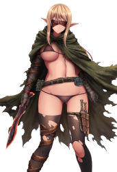 Rule 34 | 1girl, absurdres, akina t, asymmetrical gloves, belt, bikini, black bikini, black thighhighs, blindfold, blonde hair, breasts, brown belt, cloak, covered eyes, elbow gloves, elf, gloves, green cloak, highres, holding, holding knife, knife, kukri, large breasts, long hair, navel, original, pointy ears, ponytail, sheath, sheathed, simple background, solo, standing, swimsuit, thigh strap, thighhighs, torn clothes, torn thighhighs, uneven gloves, white background