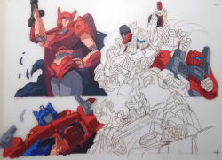 Rule 34 | 1980s (style), battle, blue eyes, breasts, cog (transformers), elita one, explosion, gun, hand on own hip, holding, holding gun, holding weapon, impactor (transformers), large breasts, marble-v, mirage (transformers), oldschool, optimus prime, ratchet (transformers), retro artstyle, sideswipe, sketch, traditional media, transformers, transformers: war for cybertron trilogy, unfinished, weapon, white background