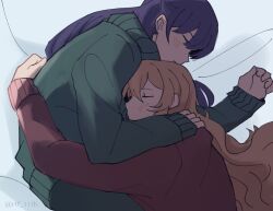 Rule 34 | 2girls, blonde hair, blue background, blush, closed eyes, commentary, cuddling, from above, green sweater, hand on another&#039;s back, hand on another&#039;s shoulder, highres, hug, long hair, long sleeves, lying, multiple girls, on side, purple hair, red sweater, rtf 11th, saijou claudine, shoujo kageki revue starlight, sweater, tsuyuzaki mahiru, twitter username, yuri