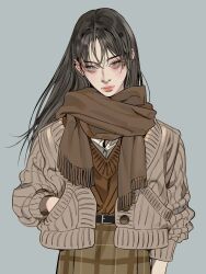 Rule 34 | 1girl, belt, belt buckle, black hair, brown scarf, brown skirt, buckle, buttons, closed mouth, ear piercing, expressionless, grey eyes, hand in pocket, highres, lips, long hair, long sleeves, looking at viewer, mole, mole under eye, mole under mouth, original, piercing, plaid, plaid skirt, sakalgath, scarf, shirt tucked in, simple background, skirt, solo, sweater, upper body