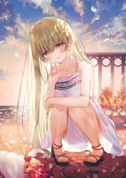 Rule 34 | 1girl, bare arms, bare shoulders, black footwear, blue sky, blush, bouquet, breasts, cecilia (shiro seijo to kuro bokushi), cloud, cloudy sky, collarbone, day, dress, feet, flower, green eyes, green hair, green nails, hair between eyes, kazutake hazano, knees up, long hair, looking at viewer, multicolored nails, nail polish, orange flower, orange nails, outdoors, parted lips, pigeon-toed, red flower, rose, shiro seijo to kuro bokushi, sky, sleeveless, sleeveless dress, small breasts, smile, solo, squatting, toenail polish, toenails, toes, very long hair, white dress, white flower, white rose