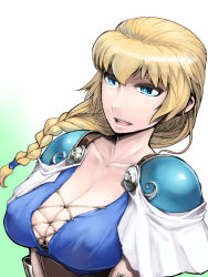 Rule 34 | 1girl, arm guards, blonde hair, blue eyes, braid, breasts, cleavage, gradient background, highres, large breasts, long hair, looking at viewer, misonou hirokichi, namco, nipples, open mouth, shoulder pads, solo, sophitia alexandra, soul calibur, upper body