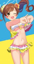 Rule 34 | 1girl, ;d, bare shoulders, bikini, blush, breasts, brown hair, cowboy shot, cropped vest, flower, gluteal fold, hair flower, hair ornament, hibiscus, highres, idolmaster, idolmaster cinderella girls, igarashi kyoko, layered skirt, long hair, looking at viewer, medium breasts, miniskirt, natsuya (natuya777), navel, one eye closed, open clothes, open mouth, open vest, ponytail, skirt, smile, solo, sparkle, stomach, stretching, swept bangs, swimsuit, two-tone background, underboob, vest, white bikini, yellow eyes, yellow flower, yellow vest