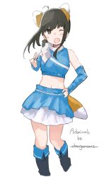Rule 34 | 1girl, absurdres, ahoge, animal ears, black footwear, black hair, blue skirt, blush, boots, cheerleader, cropped legs, feet out of frame, fox ears, fox tail, fubuki (kancolle), green eyes, hand on own hip, highres, hokkaido nippon-ham fighters, kantai collection, kitsune dance, knee boots, ma rukan, navel, nippon professional baseball, one eye closed, open mouth, short hair, signature, simple background, skirt, smile, solo, tail, v, white background