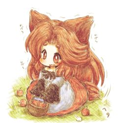 Rule 34 | 1girl, animal ears, apple, basket, big hair, blush, brown hair, d:, dress, eyebrows, fang, food, fruit, imaizumi kagerou, kneeling, open mouth, red eyes, short eyebrows, solo, tail, tears, thick eyebrows, touhou, traditional media, trembling, wavy mouth, wolf ears, wolf tail, ziogon