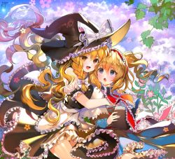 Rule 34 | 2girls, alice margatroid, apron, blonde hair, blue eyes, blue sky, book, bow, braid, capelet, cloud, flower, hair bow, hairband, hand on another&#039;s chest, hand on another&#039;s shoulder, hat, hat ribbon, heads together, hug, hug from behind, kirisame marisa, leaf, light particles, lolita hairband, long hair, long sleeves, multiple girls, open book, open mouth, puffy short sleeves, puffy sleeves, repi, ribbon, short hair, short sleeves, single braid, sitting, skirt, skirt set, sky, touhou, waist apron, witch hat, yellow eyes
