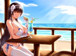 Rule 34 | 1girl, beach, bikini, black hair, blue sky, blush, breasts, chair, cleavage, closed mouth, collarbone, cup, day, drinking straw, elbow rest, flower, girls&#039; frontline, gloves, groin, hair flower, hair ornament, hairband, half gloves, highres, holding, holding drinking straw, large breasts, long hair, looking at viewer, mingke, ocean, official alternate costume, sand, side-tie bikini bottom, sidelocks, sitting, skindentation, sky, smile, solo, swimsuit, table, thighhighs, thighs, tropical drink, type 95 (girls&#039; frontline), type 95 (summer cicada) (girls&#039; frontline), very long hair, waves, white bikini, white gloves, white thighhighs, yellow eyes