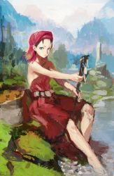 Rule 34 | 1girl, bare shoulders, barefoot, blue eyes, highres, looking at viewer, nababa, original, sitting, soaking feet, solo, staff, water