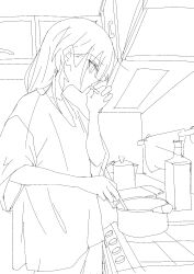 Rule 34 | 1girl, alternate costume, bocchi the rock!, cigarette, clothes writing, cooking, cooking pot, cowboy shot, expressionless, highres, holding, holding cigarette, holding utensil, indoors, juppa sento, kita ikuyo, kitchen, long hair, loose clothes, loose shirt, profile, shirt, short sleeves, sketch, smoke, smoking, solo, standing, stove, t-shirt