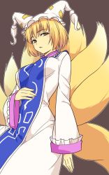 Rule 34 | 1girl, animal hat, blonde hair, breasts, cowboy shot, dark background, dress, fox tail, hat, highres, kakone, large breasts, long sleeves, looking at viewer, mob cap, multiple tails, one-hour drawing challenge, open mouth, short hair, simple background, solo, standing, tabard, tail, touhou, white dress, white hat, yakumo ran, yellow eyes, yellow tail