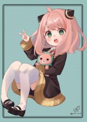 Rule 34 | 1girl, :d, ahoge, anya (spy x family), black footwear, black shorts, blush, child, cone hair bun, dress, framed, green eyes, hair bun, highres, hugging doll, hugging object, looking at viewer, mary janes, open mouth, pink hair, rino cnc, round teeth, school uniform, shoes, shorts, shorts under dress, smile, solo, spy x family, stuffed toy, teeth, thighhighs, two-tone dress, v, white thighhighs