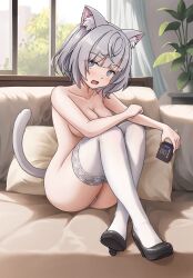 Rule 34 | 1girl, animal ears, ass, black footwear, blue eyes, blush, breasts, cat ears, cat girl, cat tail, condom box, couch, covering privates, covering breasts, crossed ankles, grey hair, high heels, highres, holding, hololive, hololive indonesia, indoors, looking at viewer, maid headdress, medium breasts, open mouth, panties, pill bottle, pillow, plant, potted plant, pumps, shoes, short hair, sitting, solo, tail, thighhighs, topless, underwear, underwear only, vestia zeta, virtual youtuber, white thighhighs, window, zeng$ (zwj)