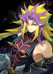Rule 34 | 1boy, absurdres, black background, blonde hair, commentary, detached sleeves, duel disk, facial mark, highres, leaning, leaning back, looking at viewer, male focus, multicolored hair, paradox (yu-gi-oh!), purple hair, serious, short hair with long locks, sleeveless, sleeveless turtleneck, solo, spiked hair, spikes, standing, streaked hair, studded armlet, turtleneck, upper body, waist cape, yellow eyes, youko-shima, yu-gi-oh!, yu-gi-oh! 3d bonds beyond time