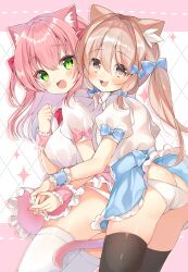 Rule 34 | 2girls, animal ear fluff, animal ears, ass, black thighhighs, blue bow, blush, bow, brown eyes, brown hair, cat ears, cat girl, cat tail, fang, from side, green eyes, hair bow, hamico, highres, long hair, looking at viewer, maid, medium hair, multiple girls, open mouth, original, panties, pink bow, pink hair, tail, thighhighs, underwear, white panties, white thighhighs