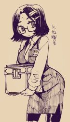 Rule 34 | 1girl, box, breasts, collared shirt, glasses, hair ornament, hairclip, highres, holding, holding box, id card, limbus company, long sleeves, looking at viewer, medium breasts, medium hair, necktie, pantyhose, pencil skirt, project moon, shirt, skirt, solo, touma rui, translated, vest