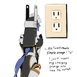 Rule 34 | 1girl, ^ ^, absurdres, android, black dress, blue hair, closed eyes, commentary, dress, electrical outlet, english commentary, english text, frills, from behind, highres, joints, long hair, maid headdress, original, pea (poopingirl), robot joints, solo, veil, very long hair, walking, white background
