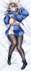 Rule 34 | 1girl, animal ears, black footwear, black pantyhose, blue archive, blue skirt, blue sweater, blueorca, breasts, brown hair, cleavage, commentary, dakimakura (medium), fake animal ears, glasses, halo, highres, huge breasts, large breasts, long hair, long sleeves, looking at viewer, lying, moe (blue archive), no bra, on back, open mouth, pantyhose, pleated skirt, round eyewear, skirt, solo, sweater, tongue, turtleneck, turtleneck sweater, two-tone skirt, underboob, white skirt