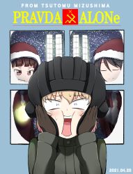 Rule 34 | 3girls, alternate costume, amogan, black gloves, black headwear, blonde hair, blunt bangs, bob cut, brown hair, closed eyes, closed mouth, commentary, constricted pupils, crossover, dated, emblem, english text, facing another, fang, frown, girls und panzer, gloves, green jumpsuit, grin, hands on own face, hat, helmet, highres, home alone, jumpsuit, katyusha (girls und panzer), long sleeves, looking at another, looking at viewer, mika (girls und panzer), mikko (girls und panzer), multiple girls, open mouth, parody, pravda (emblem), pravda military uniform, red eyes, red hair, red headwear, santa costume, santa hat, short hair, smile, snowing, sweatdrop, tank helmet, v-shaped eyes, window