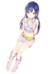 Rule 34 | 1girl, belt, blue hair, boots, brown eyes, full body, hand on own shoulder, idolmaster, idolmaster (classic), jewelry, kisaragi chihaya, knee boots, long hair, lpip, midriff, navel, necklace, pink footwear, skirt, smile, solo, white background
