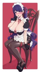 Rule 34 | 1girl, black gloves, blush, breasts, chair, cleavage, collarbone, copyright request, covered erect nipples, detached sleeves, earrings, gloves, hair ribbon, hanauna, highres, huge breasts, jewelry, long hair, maid headdress, mole, mole under eye, open mouth, pantyhose, puffy sleeves, purple eyes, purple hair, red ribbon, ribbon, short sleeves, sitting, solo, stud earrings
